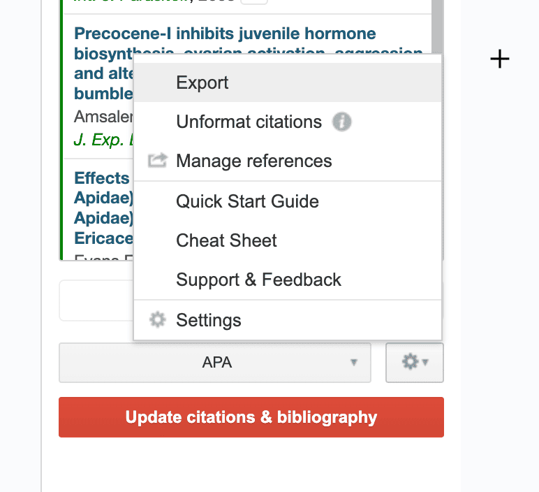 The Paperpile sidebar in Google Docs with the gear menu open on Export, above Unformat citations, Manage references, Quick Start Guide, Cheat Sheet, Support & Feedback and Settings, over an APA selector and an update button.
